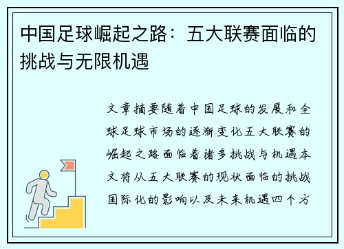 中国足球崛起之路：五大联赛面临的挑战与无限机遇