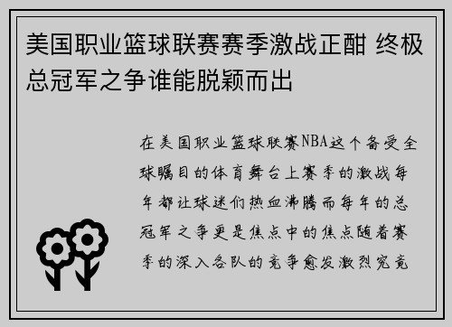 美国职业篮球联赛赛季激战正酣 终极总冠军之争谁能脱颖而出