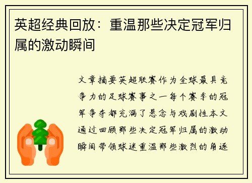 英超经典回放：重温那些决定冠军归属的激动瞬间